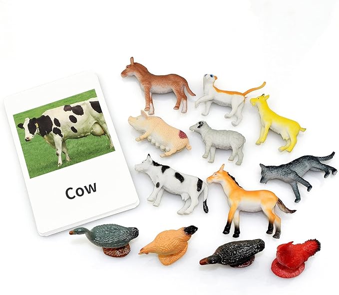 Farm Animal Toys with Flash Cards - 12 Sets of Realistic Animal Figures - Educational Learn Cognitive Toys & Animal Matching Game Playset for Toddlers Kids