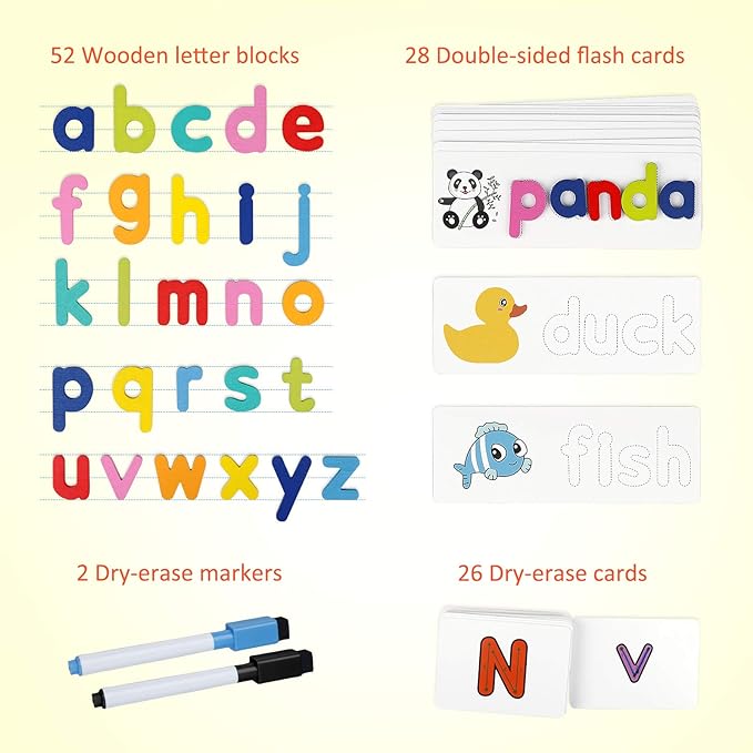 Coogam Reading & Spelling Learning Toy, Wooden Letters Flash Cards Sight Words Matching ABC Alphabet Recognition Game Preschool Educational Tool Set for 3 4 5 Years Old Boys and Girls Kids