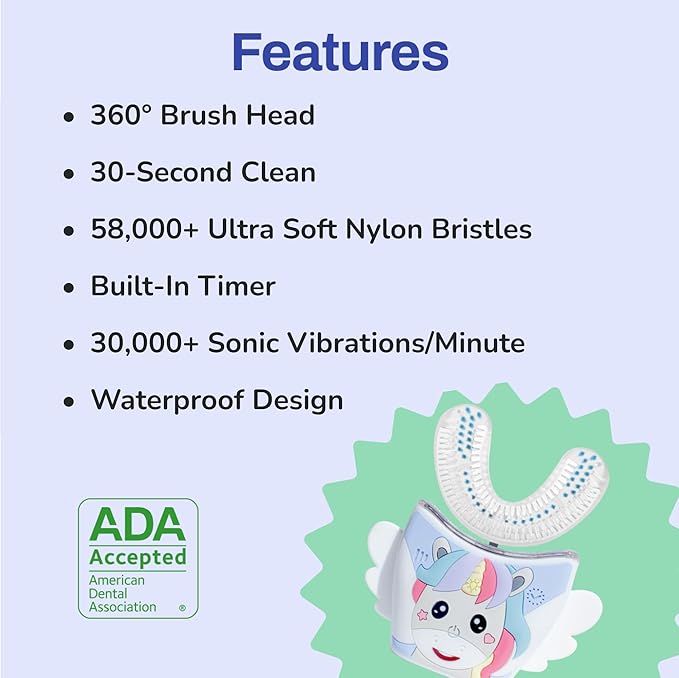 autobrush Kids U Shaped Electric Toothbrush, ADA Accepted, Sonic Pro with Unique 360° Nylon Bristles 3 Cleaning Modes,Whitening LED-Lights,Plays Music (Double-Sided),Ages 6-8, Unicorn