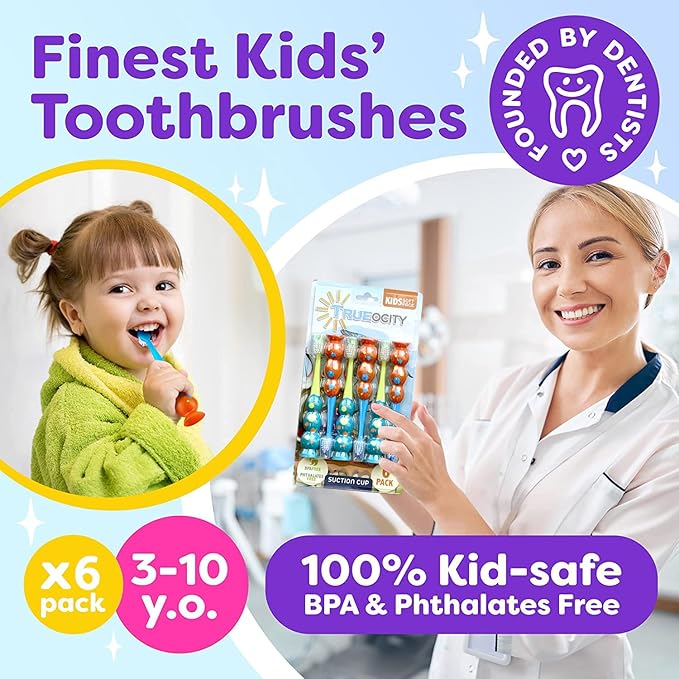 Trueocity Kids Toothbrush 6 Pack - Soft Contoured Bristles - Child Sized Brush Heads (3-10 Year Old) - Suction Cup for Fun & Easy Storage - Girl & Boy Set (6-Pack, Blue & Orange)