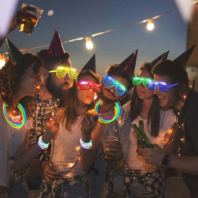 125 Pack Glow in the Dark Party Supplies with 100 Glow Sticks Bracelets and 25 Shutter Shades Flashing Glasses, LED Light Up Toys Neon Party Favors for Kid/Adult Birthday Wedding Carnival Concerts