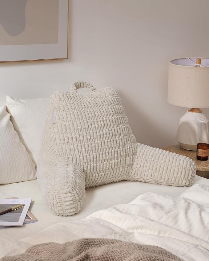 Blissful Diary Reading Pillow, Backrest Pillow with Shredded Memory Foam for Adult & Children, Designed for Bed and Couch Sitting Up, Includes Arms, Pockets and Washable Cover, Off White