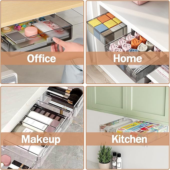 Under Desk Table Drawer Storage Organizer,3 Pack Large & Medium & Small Slide Out Desk Drawers - Hidden Desktop Organizer,Attachable Pencil Storage Tray Under Table(SML)
