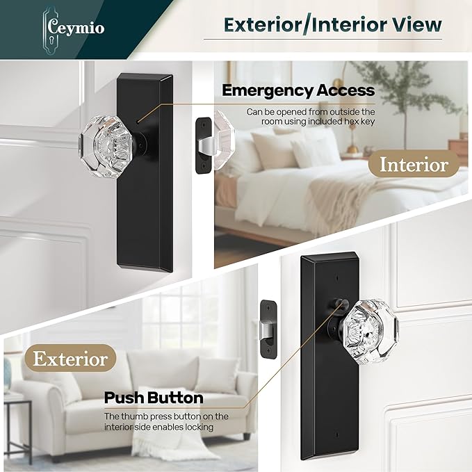Glass Door Knobs for Interior Doors - Vintage Crystal Privacy Bedroom & Bathroom Door Knob with Lock - Diamond Cut Door Handle - Matte Black Finish (1 Pack)