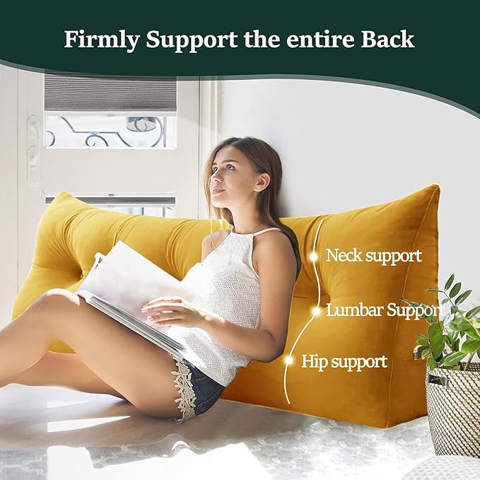 Headboard Wedge Pillow Large Bolster Reading Pillows for Sitting in Bed Adult， Velvet Triangular Cushion Backrest Lumbar Back Support Upholstered Daybed Sit Up Book Pillows（Yellow, Full）