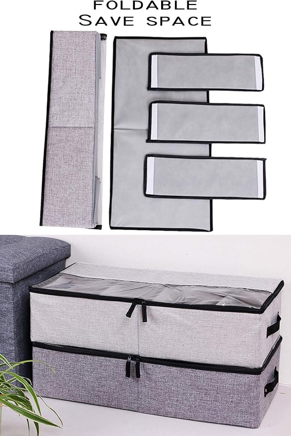 AARAINBOW 2 Packs Foldable Under Bed Shoes Organizer with Lids, Underbed Clothes Storage Container with Divider, UnderBed Storage Bins Box with Clear Window (Gray+Coffee)