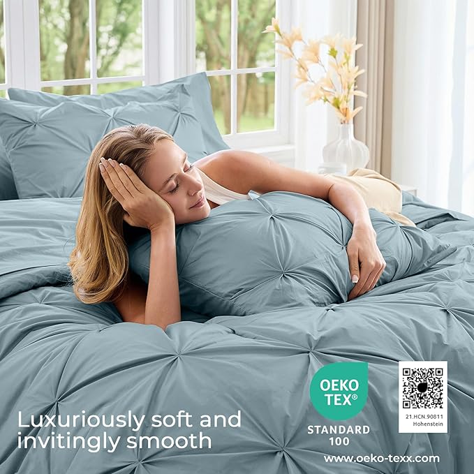 Sasttie King Size Comforter Set, 7-Piece Bed in a Bag, Pintuck Bedding Sets for All Season, Includes Comforter, Flat Sheet, Fitted Sheet, Pillowcases and Pillowshams, Greylish Blue