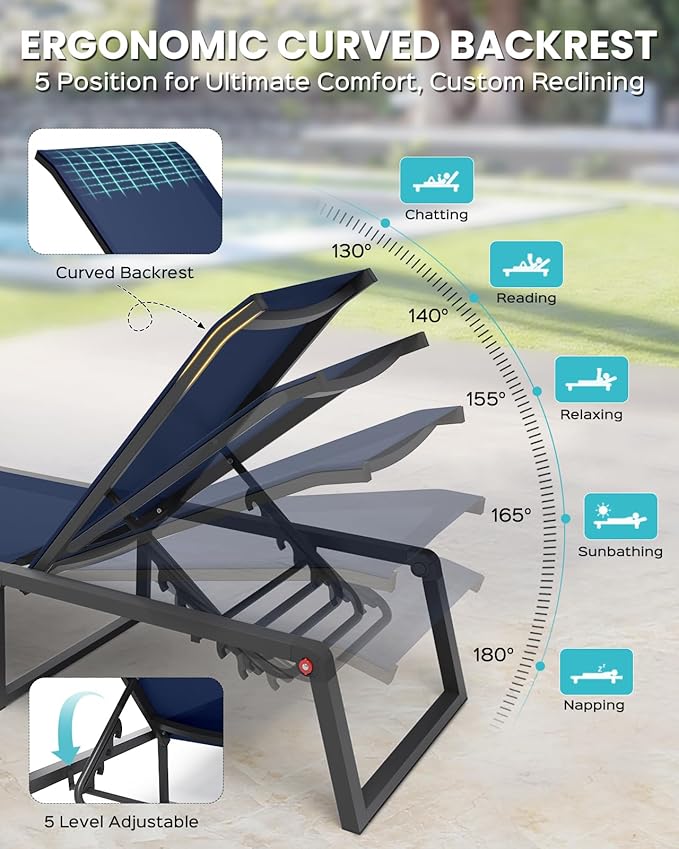 Aluminum Chaise Lounge Outdoor Set of 2, Foldable & Assembly Free Patio Pool Lounge Chairs 5-Position Recliner for Outside Poolside, Fully Grounded Legs Sun Lounger for Beach, Yard, Navy Blue