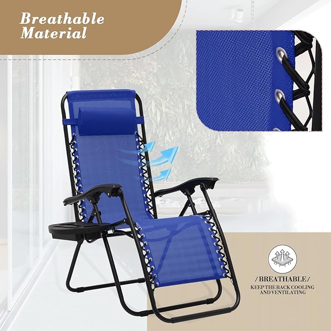 Athena Collection Zero Gravity Outdoor Lounge Chair Set of 2 with Side Table, 25" Width Pool Lounge Lawn Chairs Reclining with Cup Holder, Outdoor Chaise for Beach Patio Backyard Outside, Blue