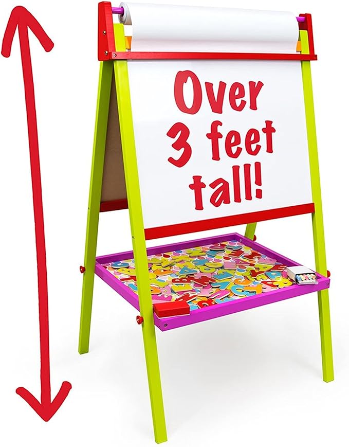 Little Artists 3-in-1 Standing Easel | Includes 75 Magnetic Letters, Rainbow Chalk, Eraser, and Easel Paper | Wooden Wonders Kids Creative Art Drawing Board | Art Class and School Teacher Activity