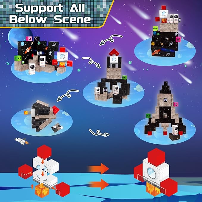 Goody King 100PCS Space Rocket Magnetic Building Blocks |Space Adventure Magnetic Tile Set, STEM Montessori Stacking Toy, Building Playsets for Boys and Girls Ages 3-10,Sensory Tile Building Christmas