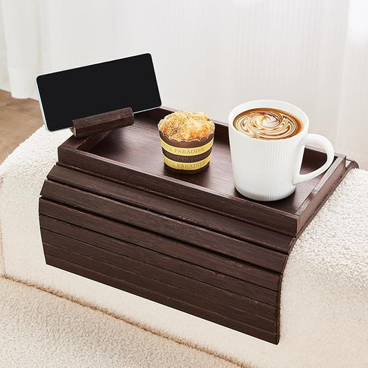 Bamboo Sofa Arm Tray, Anti Falling Couch Arm Tray Armrest Table with 360° Rotating Phone Holder, Foldable and Portable Sofa Armrest Trays Cup Holder for Drink,Cups, Phone, Snacks, Remote