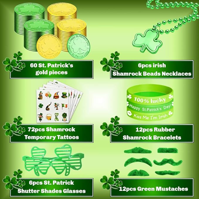 168Pcs St. Patrick's Day Party Favor Set, Include Green Beads Shamrock Necklace, Shamrock Shutter Shades Glasses, Tattoos, Mustache, Bracelets, Coins for Kids St Patrick's Day Party Accessories Decor