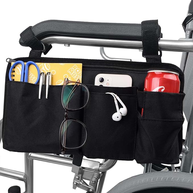 Wheelchair Side Bag with Cup Holder,Wheelchair Armrest Accessories Storage Pouch for Rollator，Walker，Power Wheelchairs，Nylon Walker Side Bag, Black