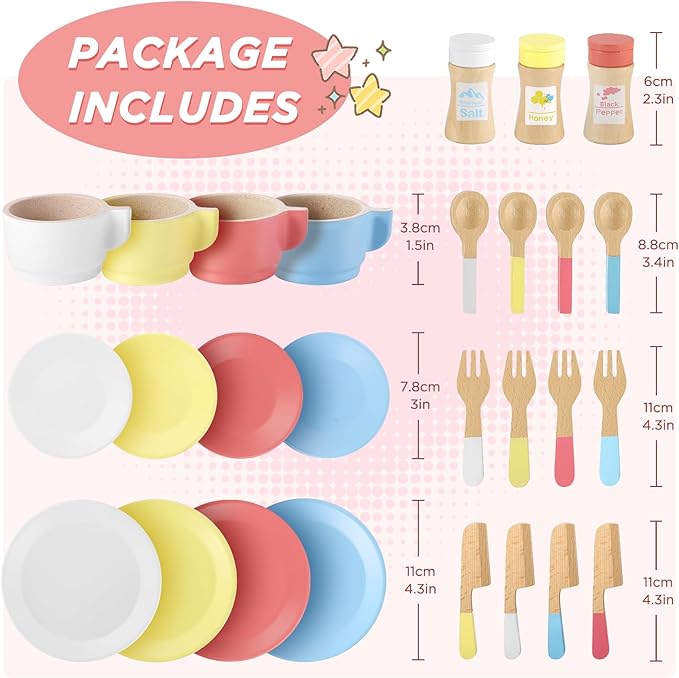 GAGAKU Wooden Play Dishes and Plates for Kids Kitchen Set 27 PCS Montessori Wooden Play Kitchen Accessories Kitchen Toy for Toddlers Wooden Play Cooking Set for 3-8 Years Girls and Boys