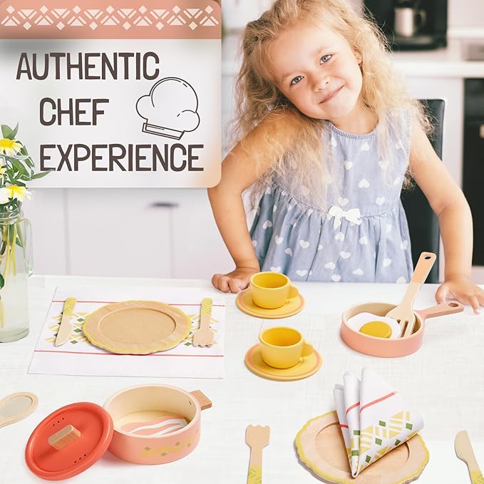 Giant bean Play Dishes for Kids Kitchen, Wooden Kitchen Toys Set Including Play Dishes, Pot and Pan, Utensils, Montessori Play Accessories for 3 4 5 Years Old Girls and Boys Gifts