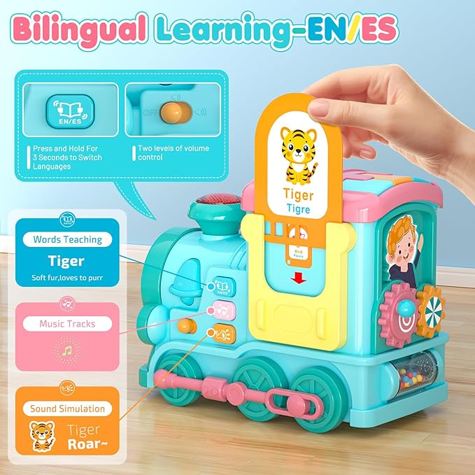 Hot Bee Talking Flash Cards for Toddlers,Learning Toys for 1 2 3 4 5 6 Year Old Boys,Montessori Toys,24-in-1 Multi Musical Train withTalking Flash Cards,Crawling,Learning, Motor Skills