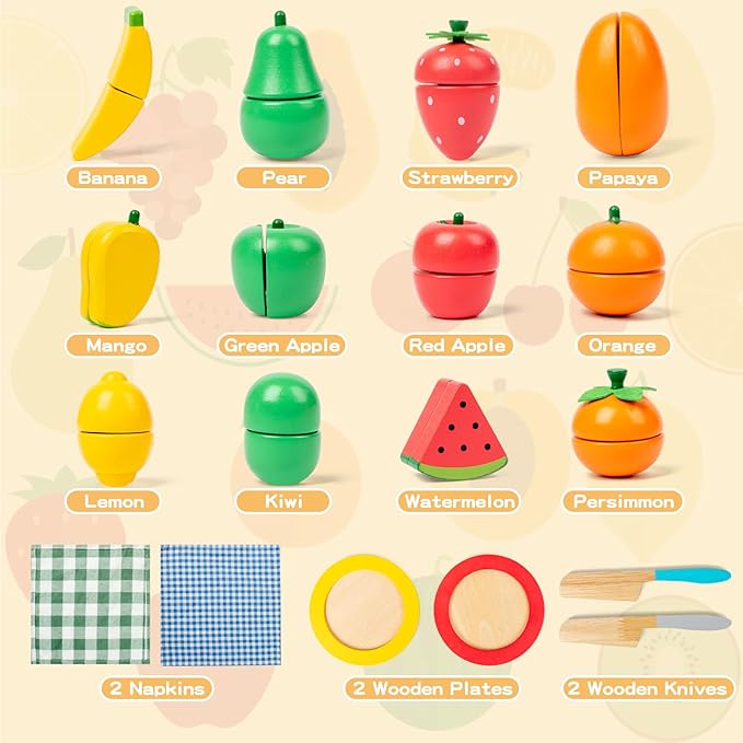 JOCY Wooden Play Food Set for Kids Kitchen – 24 Pcs Montessori Cutting & Sorting Fruits with 4 Boxes, Pretend Play Toys for Toddlers 3+, Educational Gift for Kids