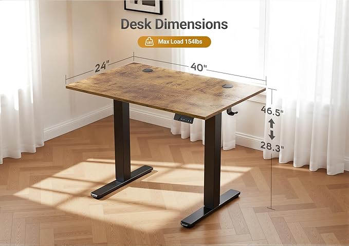 Seang Electric Height Adjustable Standing Desk, 40 x 24 Inch Sit-Stand Workstation with T-Style Frame, 3 Memory Height Options & Built-In Cable Management for Home Office, Black Frame/Rustic Brown Top