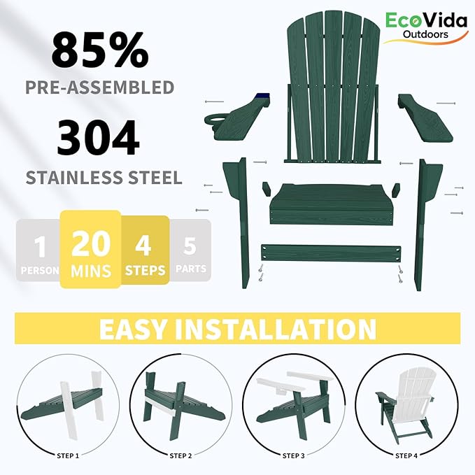 3-Piece Folding Adirondack Chair Set - 38" Extra Tall Back & Embossed Wood Grain, Oversized HDPE Patio Furniture with Side Table & Cup Holders, 380lb Heavy Duty, Green