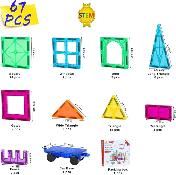 Bmag Magnetic Tiles, Building Blocks for Toddlers, 3D Magnet Building Blocks with 1 Car, STEM Educational Learning Building Blocks for Kids Children, Stacking Montessori Toys Gifts for Boys Girls