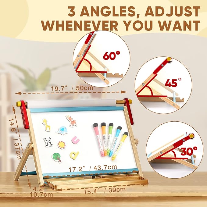FUNLIO Anti-Warping Tabletop Easel for Kids Ages 3+ (100+ Pcs), Wooden Double-Sided Magnetic Table Easel with 3 Adjustable Angles, Kids Easel with Whiteboard, Chalkboard & Paper Roll, Foldable - Blue