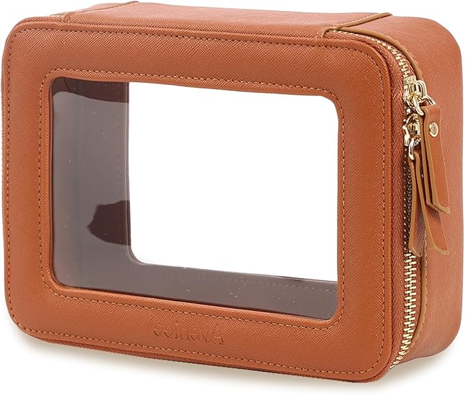 Aveniee Clear Makeup Bag, Travel Toiletry Case Car Accessories Organizer for Women, Heavy Duty Clear Pouch with Dual Zippers(Brown)