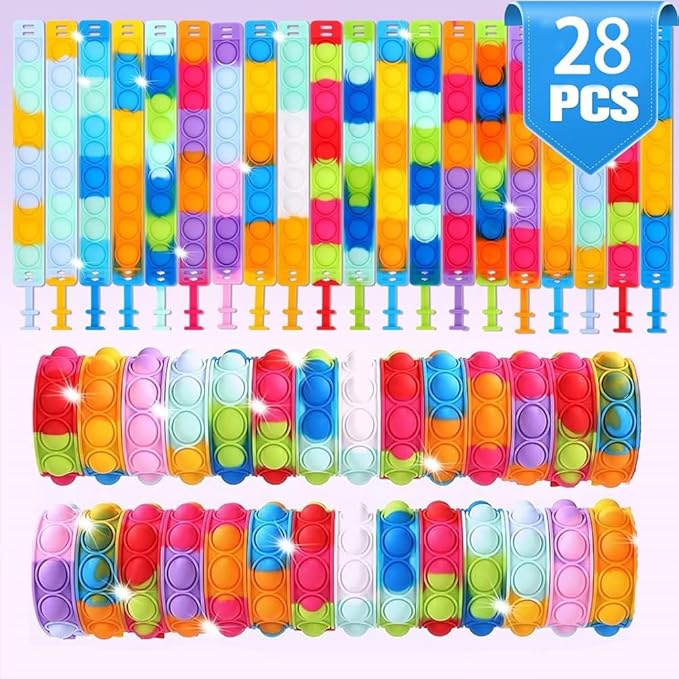 28PCS Valentines Cards with Pop Bracelets Fidget Toys, Bulk-Valentine's Day Gifts for Kids, Valentine Exchange Cards Gift for Classroom, School Party Favors for Kids, Valentine's Day Prize Toys