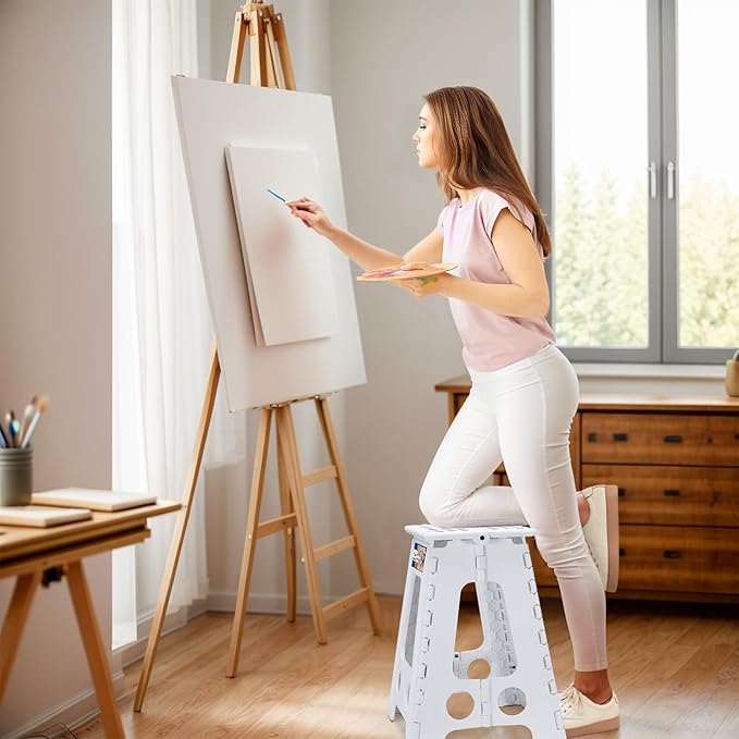 ACKO Folding Step Stool Foldable 16 Inch Stool 400 lbs Capacity,Plastic Stools for Adults and Kids,Collapsible Stool for Kitchen, Stepping Stool with Handle(White)