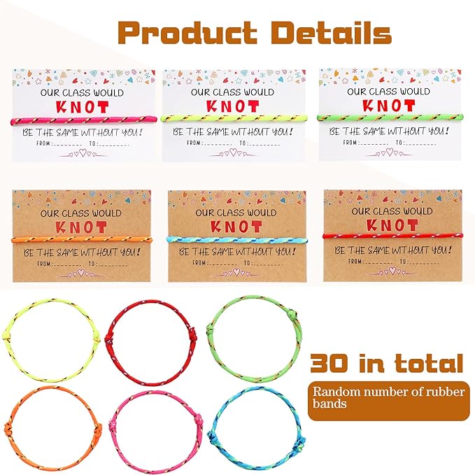 30 Pcs Kids Valentine's Day Card Adjustable Friendship Bracelets Our Class Will Knot Be The Same Without You Classroom Valentine Exchange Gifts for Kids Students Girls Boys School Party Favors
