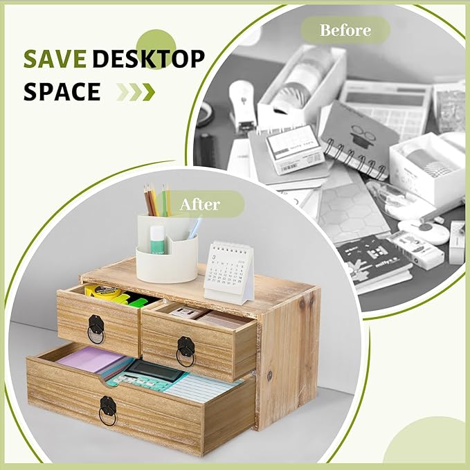 Washed White Wood Desk Organizer, Mini Desktop Organizer with Drawers, Tabletop Storage Organization for Home Office Supplies Vanity, No Assembly Required (3 Drawer)