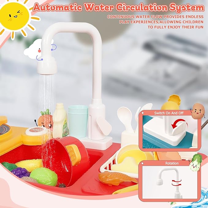 Kids Play Sink with Running Water, Toddler Sink Toy with Running Water with Electric Faucet, Kids Play Kitchen Sink Playset, Kids Play House Pretend Role Play Dishwasher Toy for Boys Girls, Red