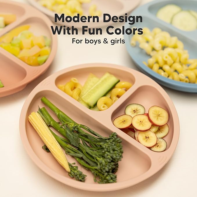 KeaBabies Suction Plates for Baby, Toddler - 3-Pack 100% Silicone Toddler Plates, Divided Baby Plates with Suction, Silicone Plates for Baby, Kids, BPA-Free, Microwave, Dishwasher Safe (Olives)