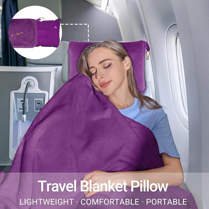 CLEXION Travel Blanket & Pillow Set, 300 GSM Soft Fleece, 60x43 Inches, 3-in-1 Airplane Blanket, Travel Pillow and Blanket Set, Travel Blanket Airplane Compact with Bag, Travel Essentials, Violet