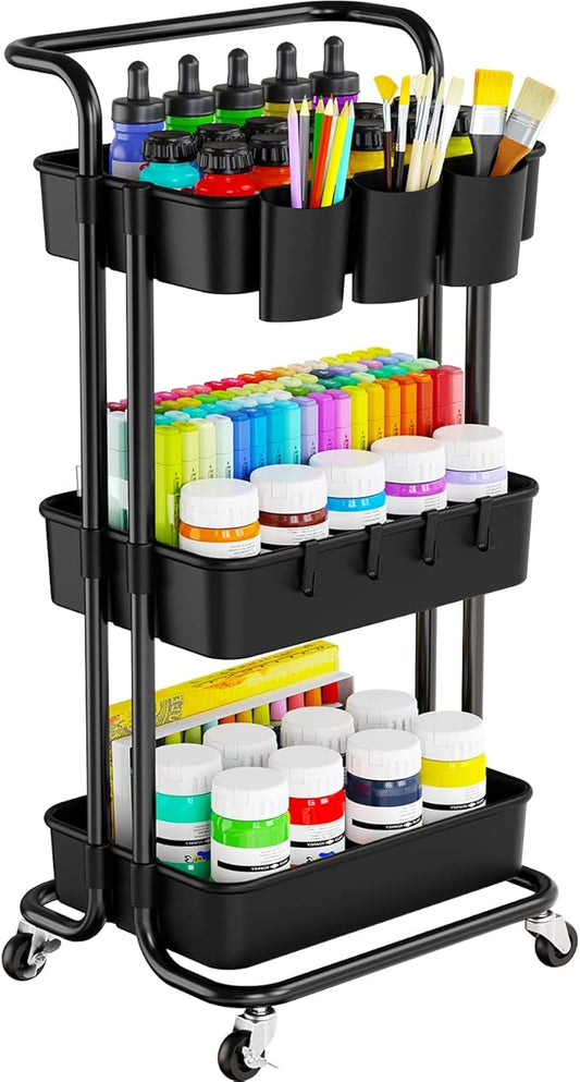 Pipishell 3 Tier Rolling Cart with Wheels - Metal Rolling Cart Organizer with 3 Hanging Cups & 4 Hooks - Art Carts Organizer for Office, Kitchen, Craft Room, Bedroom, Bathroom, Laundry Room (Black)
