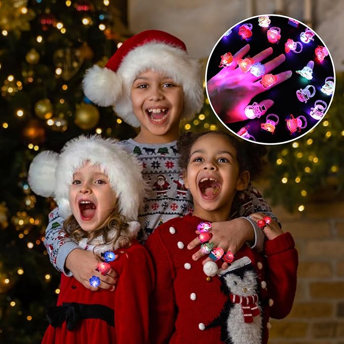 KIMOBER 42PCS Christmas Party Favors for Kids,Glow Rings Necklaces Bracelets,Light Up Xmas Toys Glow in the Dark Party Supplies for Christmas Candy Bag Fillers Party Decorations