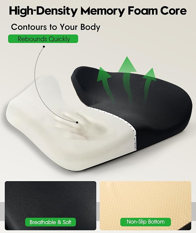 Ergonomic Office Chair Cushion – Gel Memory Foam Seat Pad with Non-Slip Cover, Pressure Relief for Long Sitting, Back Pain, Tailbone Support (Black)