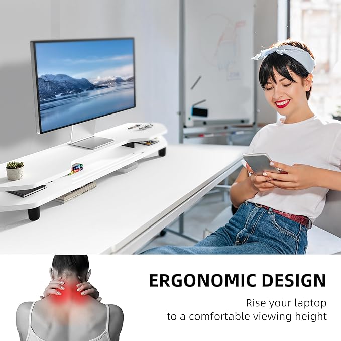 AFOOYO 2 Tier Dual Monitor Stand Riser,Wider Board Computer Monitor Stand for 2 Monitors,Slot For Phone/Tablet Office Desktop Organizer for Laptop,PC,Computer,Printer,White