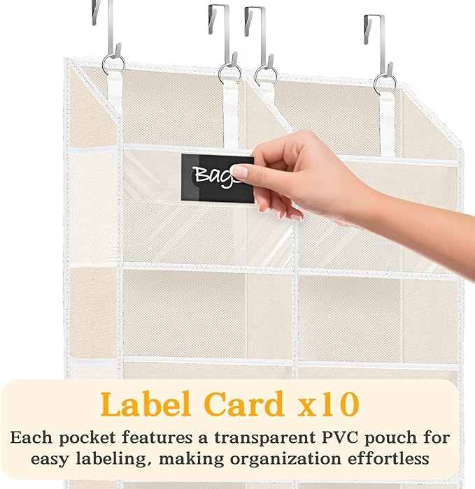 Over the Door Organizer, 5-Tier Extra Large Storage with 10 Pockets and PVC Label Pouches, 80 lbs Capacity Hanging Closet Organizer, Beige