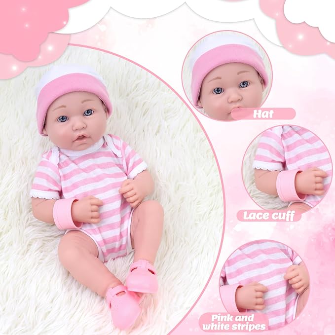 14 Inch Baby Doll with Clothes and Accessories Set, 12 Pcs Baby Doll Reborn Clothes and Accessories Include Alive Doll Clothes,Hat,Soft Doll Shoes and Socks,Ringing Toy,Bracelet,Feeding Bottle