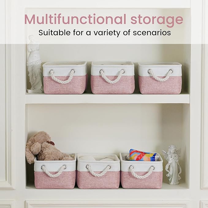 VQRTEXA Storage Baskets for Shelves 11.8x7.9x5.2 Inch, Foldable Fabric Storage Bins with Handles, Small Storage Baskets for Organizing Closet, Bathroom, Office, Home Organization (1-Pack, White&Pink)