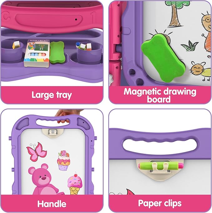 Amagoing Easel for Kids, Adjustable Standing Art Easel for Toddler, Double Drawing Board with Painting Accessories, Birthday Christmas Gift for Little Boys and Girls, Middle Size Purple