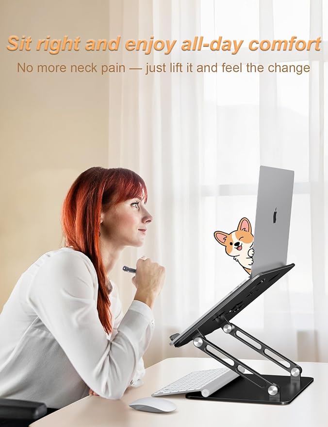 Aluminum Laptop Stand for Desk, Height-Adjustable Riser, Sturdy Ergonomic Holder with Puppy Shaped Vents for Heat Dissipation, Fits 10"-17.3" MacBook Air/Pro, Dell, HP, Lenovo, Black