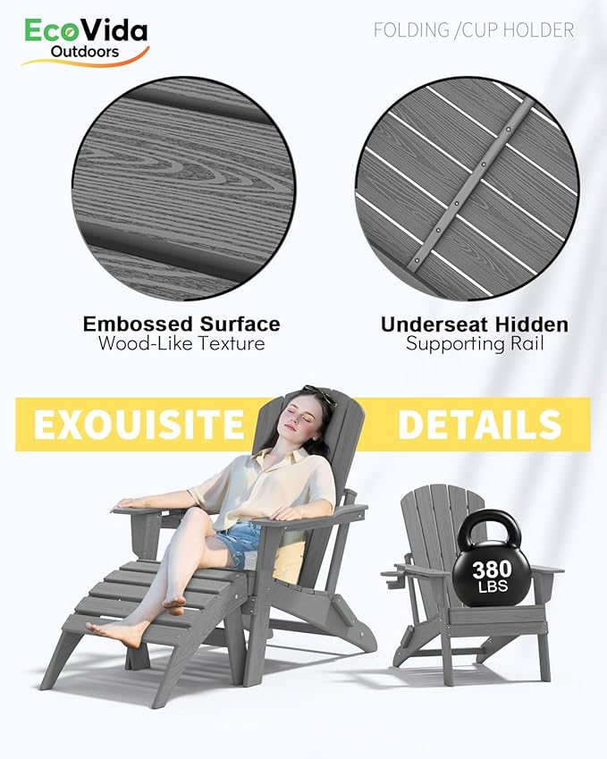 Upgraded Folding Adirondack Chair with All-Weather Cup Holder-EcoVida, Premium Wood Grain Texture, HDPE Waterproof, Suitable for Fire Pit, Patio, Porch,Grey