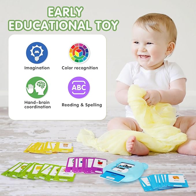 Whongkidz Spanish Talking Flash Cards, Bilingual Toy for Kids Toddlers Pocket Speech Audible Flashcards, Educational Autism Sensory Toys for Autistic Children, Speech Therapy Toys (Blue_112 Cards)