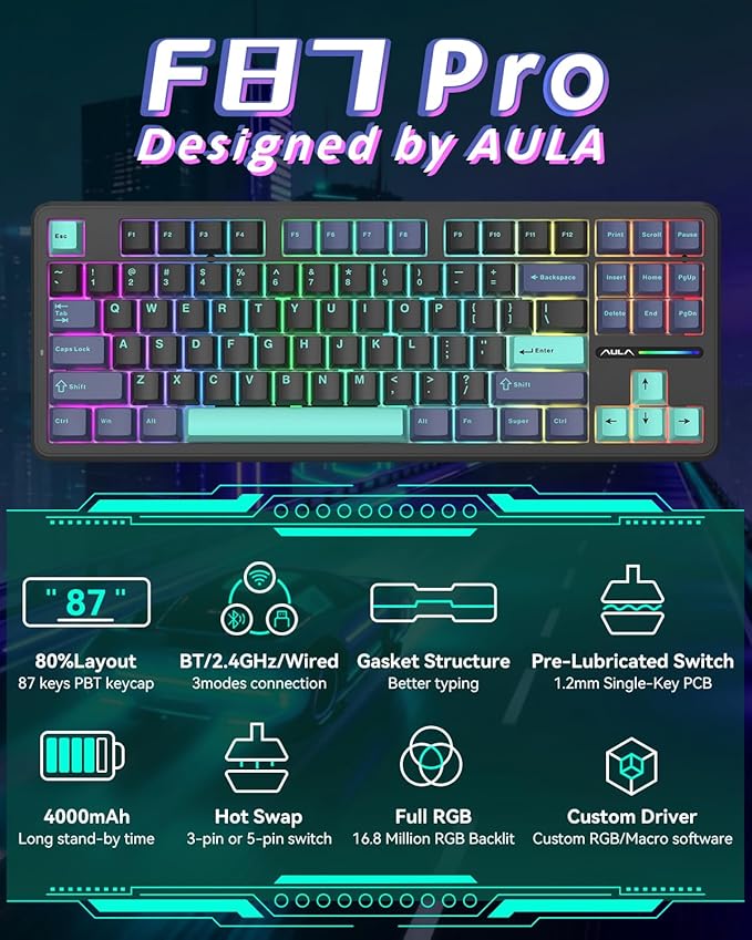 Aula F87 Pro Gaming Keyboard, Tri-Mode BT5.0/2.4GHz/USB-C Hot-Swappable RGB Wireless Mechanical Keyboard, Gasket Mount, 4000mAh, for Windows/Mac Gamer & Typists（LEOBOG Gray Wood Switch V4）