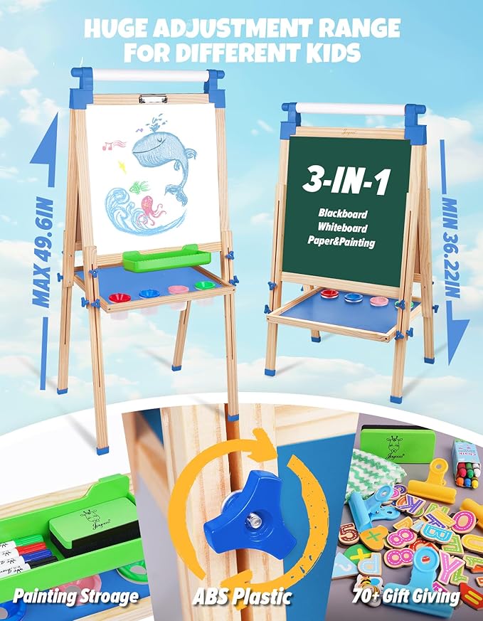JOYOOSS Easel for Kids Art Easel Kids Easels for Toddlers,Wooden Kid Easel with Paper Roll - Adjustable Magnetic Double Sided Kids Dry Erase Board, Birthday Gifts for 1-12 Year Old Girls or Boys Blue