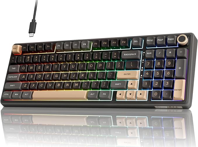 RK ROYAL KLUDGE R98 Pro Wired Mechanical Keyboard, 96% Creamy Gaming Keyboard RGB Backlit with Number Pad and Volume Knob, Gasket Mount, MDA Profile PBT Keycaps, Hot Swappable Pre-lubed Linear Switch
