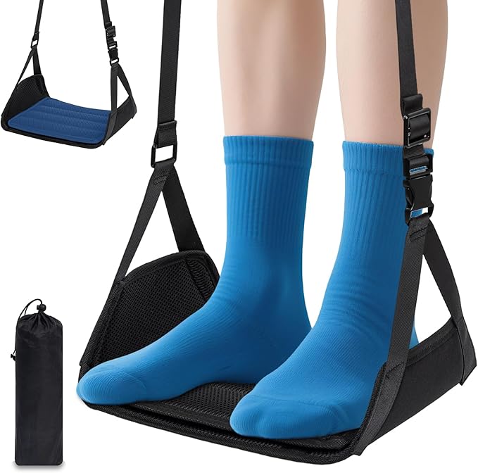 Airplane Foot Hammock for Plane Travel, Heavy-Duty Adjustable Foot Rest with Reinforced Metal Buckles, Ergonomic Bamboo Foot Hammock for Airplane&Car Use, Portable Airplane Travel Essentials