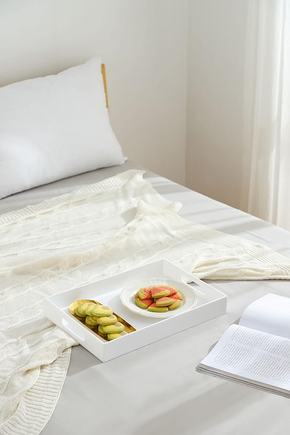 BEYLANG Glossy White Sturdy Acrylic Serving Tray with Handles-12x20Inch-Serving Coffee,Appetizer,Breakfast,Butler-Kitchen Countertop Tray-Makeup Drawer Organizer-Vanity Table,Ottoman Tray-Decorative